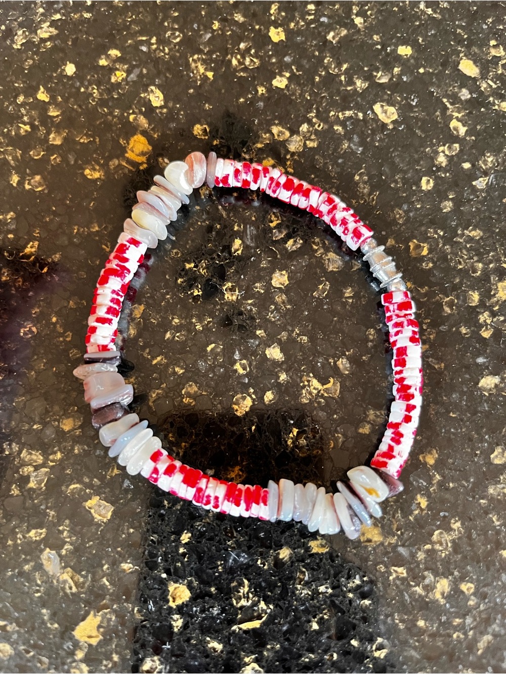 Handmade Red and White Beaded Shell  Bracelet/anklet 9”